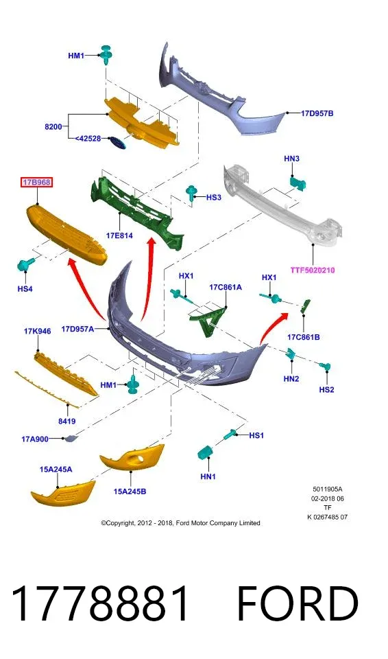 Rejilla superior del parachoques delantero 1778881 Ford