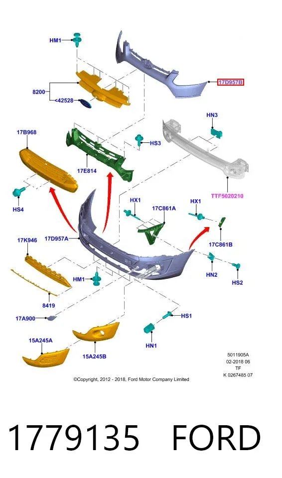 Parachoques delantero, parte superior 1779135 Ford