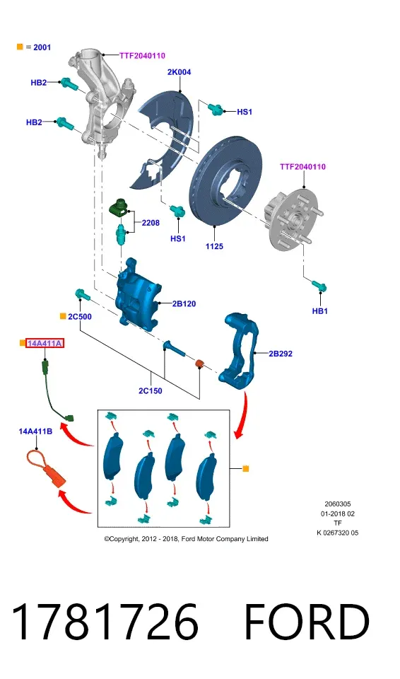 Sensor de desgaste de las pastillas de freno delanteras 1781726 Ford