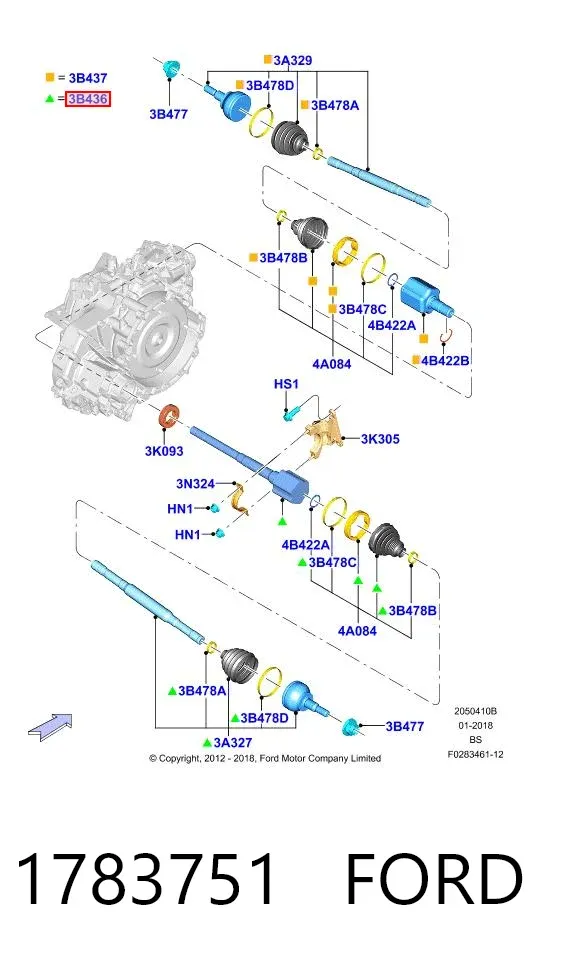 Semieje delantero derecho 1783751 Ford