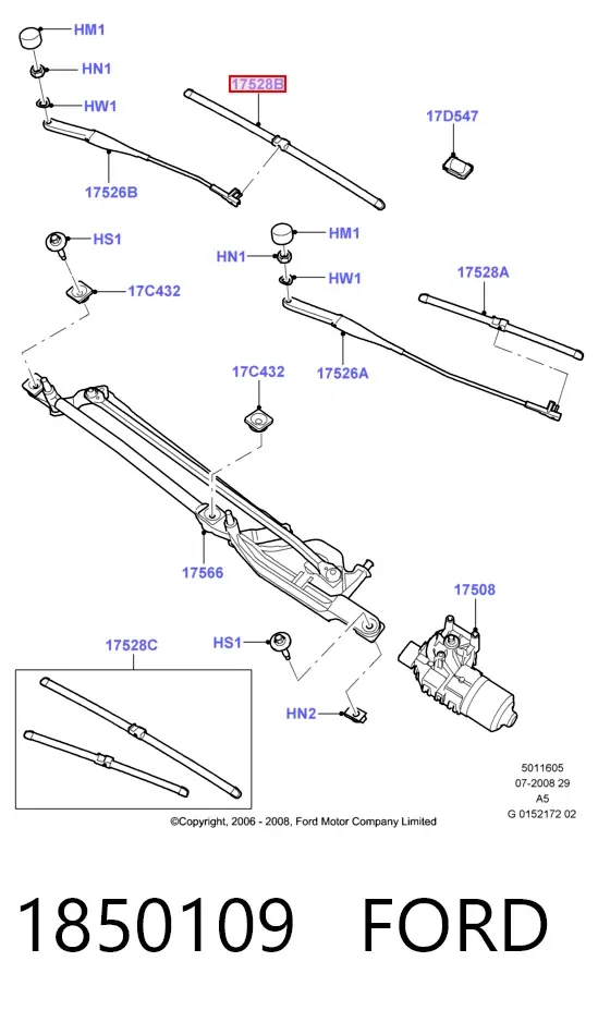 Escobilla del limpiaparabrisas del lado del conductor 1850109 Ford