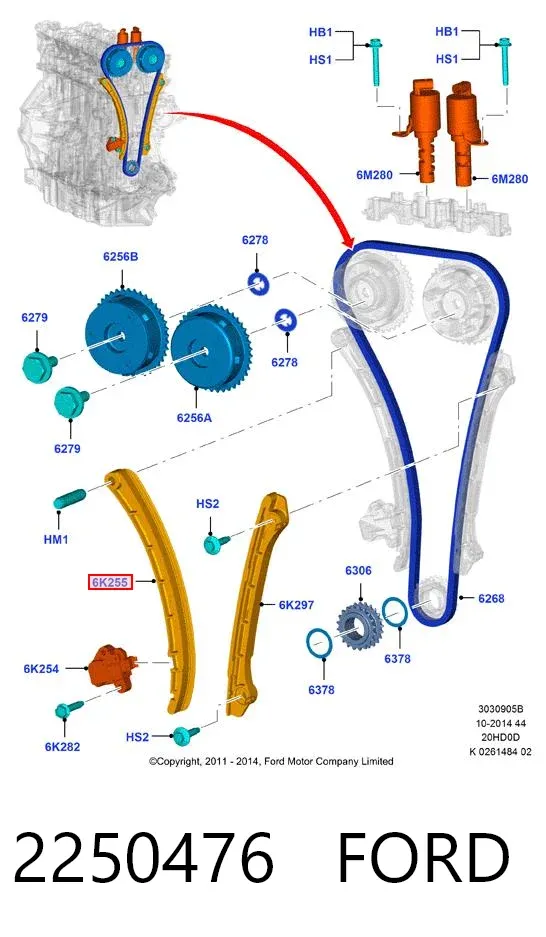 Guía del tensor de la cadena de distribución CJ5E6K255AB Ford