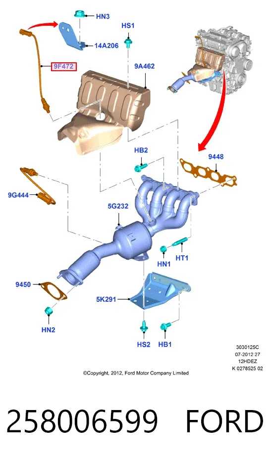 Sonda lambda de oxígeno posterior al catalizador 258006599 Ford