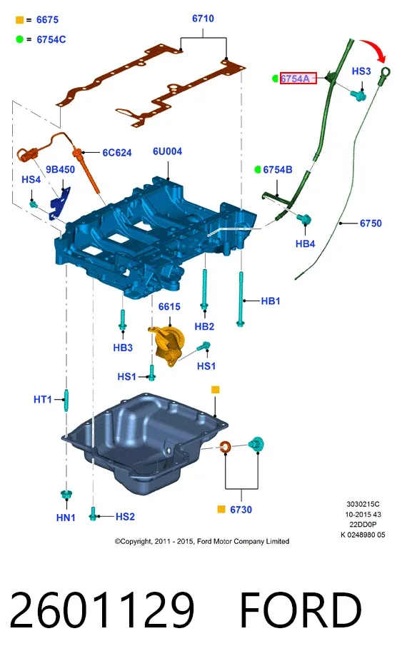 Guía de la varilla de nivel de aceite del motor 2601129 Ford