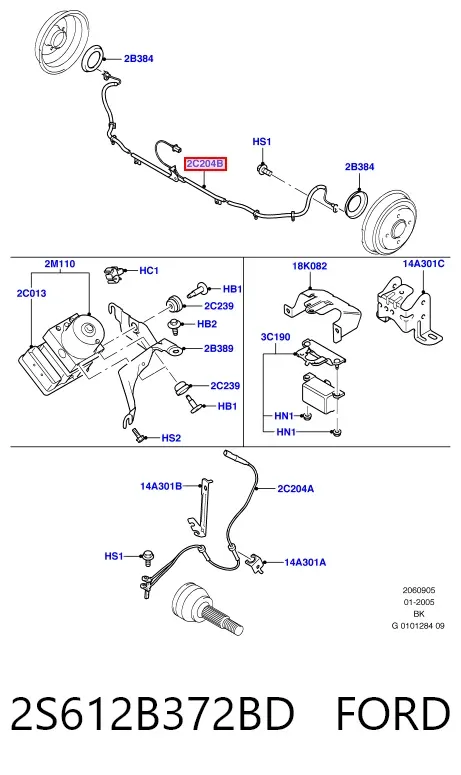Sensor ABS trasero 2S612B372BD Ford