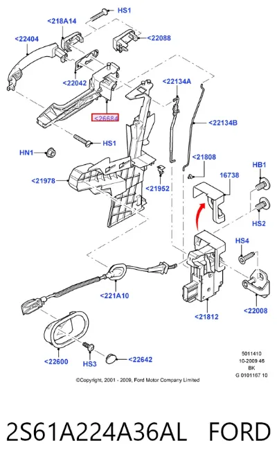 Soporte de manija exterior de puerta delantera derecha FORD 2S61A224A36AL