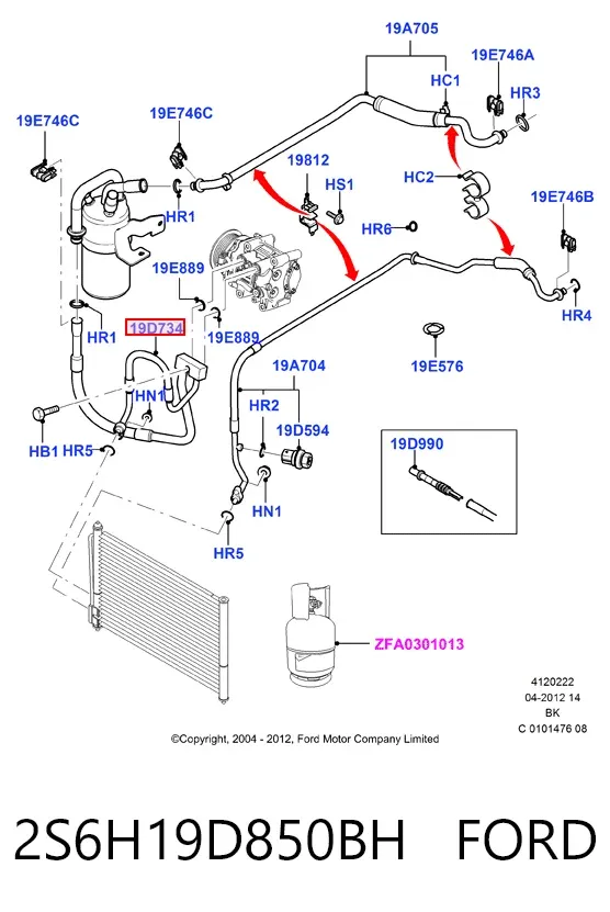 Manguera de aire acondicionado de compresor al condensador 2S6H19D850BH Ford