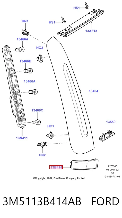 Reflector del parachoques trasero derecho 3M5113B414AB Ford