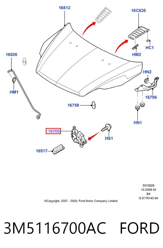 Cerradura de capó 3M5116700AC Ford
