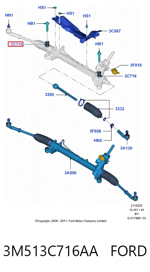 Buje de fijación de la cremallera de dirección 3M513C716AA Ford
