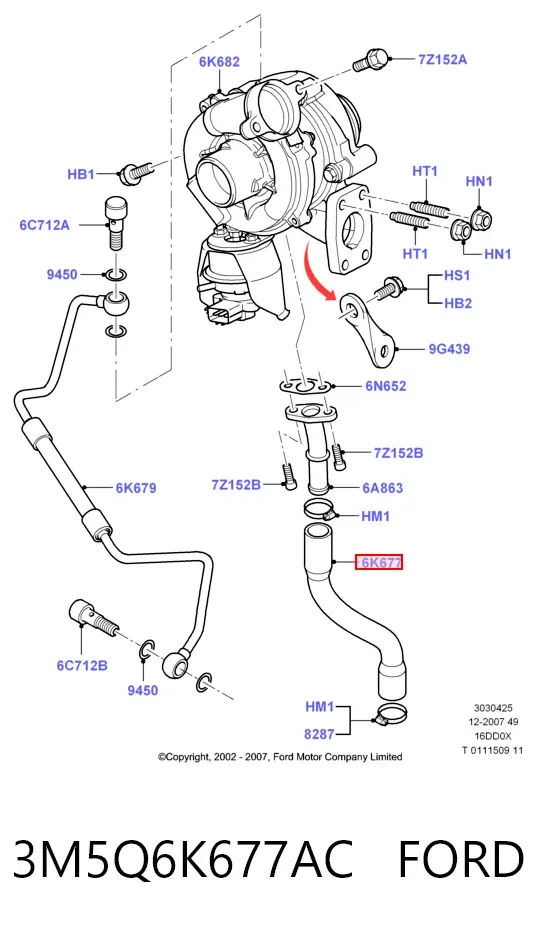 Tubo de drenaje de aceite de turbocompresor 3M5Q6K677AC Ford