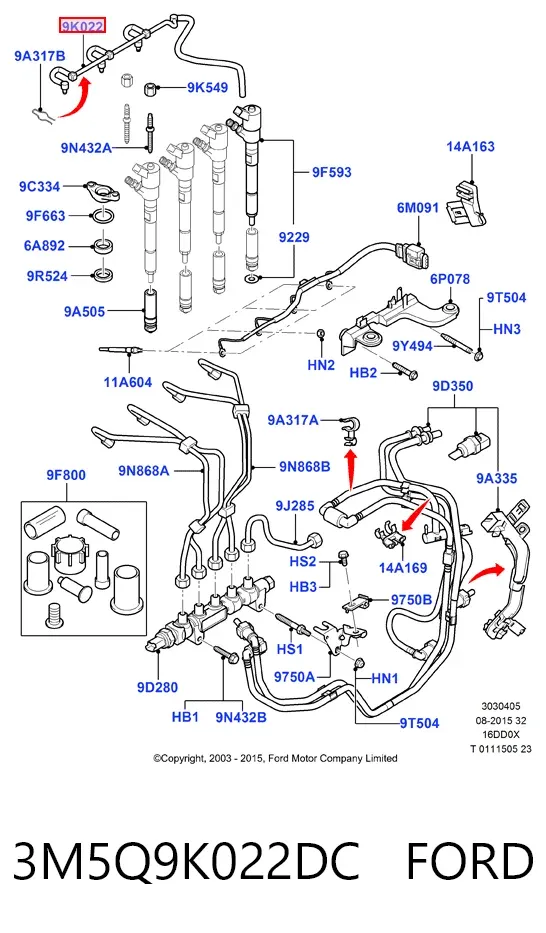 Tubería de retorno de combustible de los inyectores 3M5Q9K022DC Ford