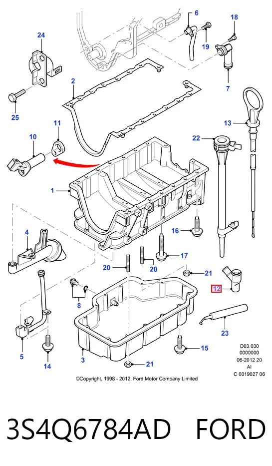 Guía de la varilla de nivel de aceite del motor 3S4Q6784AD Ford