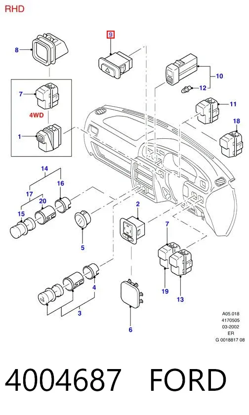 Boton de luz de emergencía 4004687 Ford