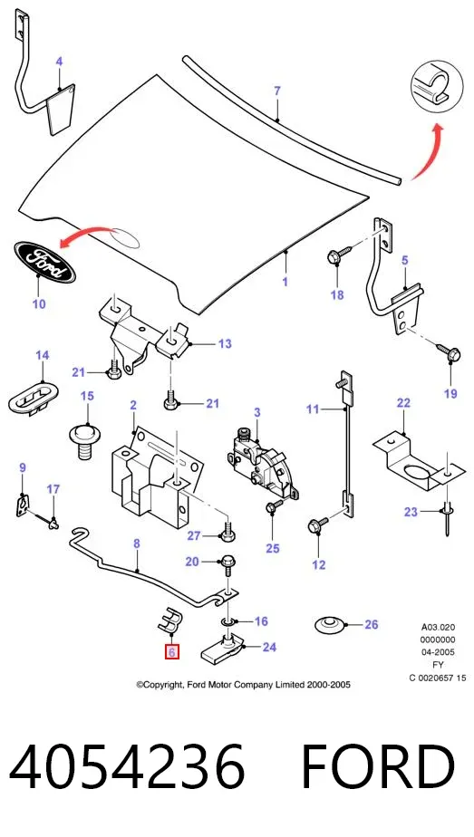 Fijador del soporte del capó 4054236 Ford