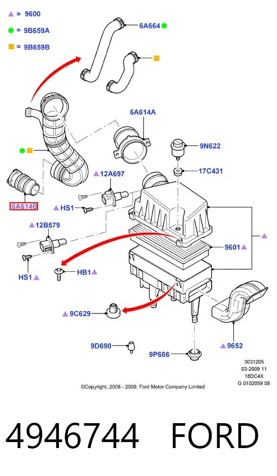Tubo de admisión de aire al turbocompresor 4946744 Ford
