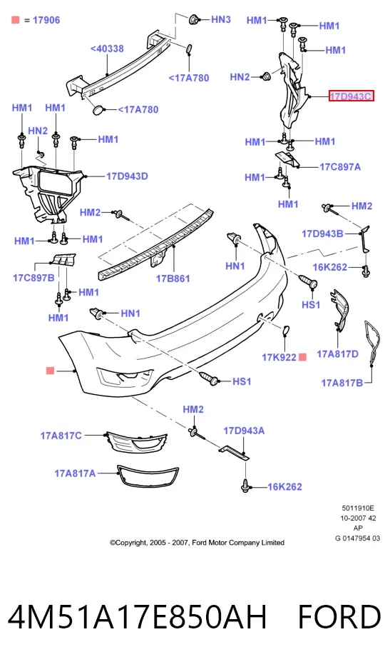 Soporte del parachoques trasero derecho 4M51A17E850AH Ford