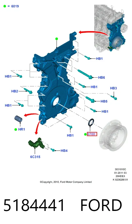 Retén de cigüeñal frontal 5184441 Ford