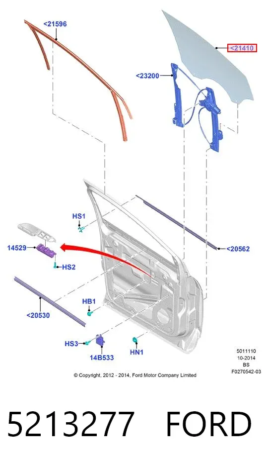 Cristal de puerta delantera derecha 5213277 Ford
