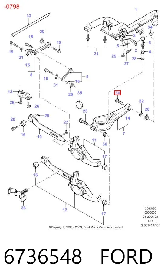Perno de fijación interior del brazo oscilante inferior trasero 6736548 Ford