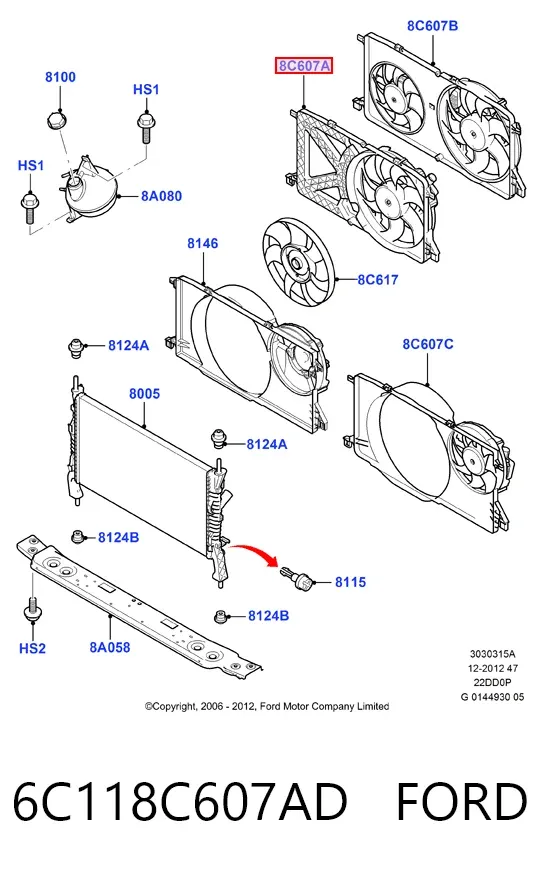 Ventilador de radiador 6C118C607AD Ford