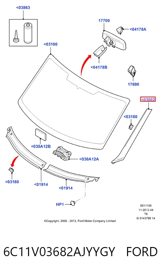 Moldura derecha del parabrisas 6C11V03682AJYYGY Ford