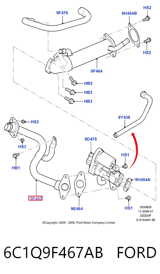 Tubo del sistema de recirculación de gases de escape EGR 6C1Q9F467AB Ford