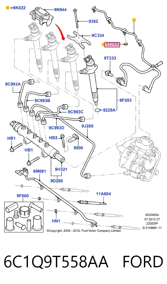 Anillo de sellado del conector de retorno del inyector 6C1Q9T558AA Ford