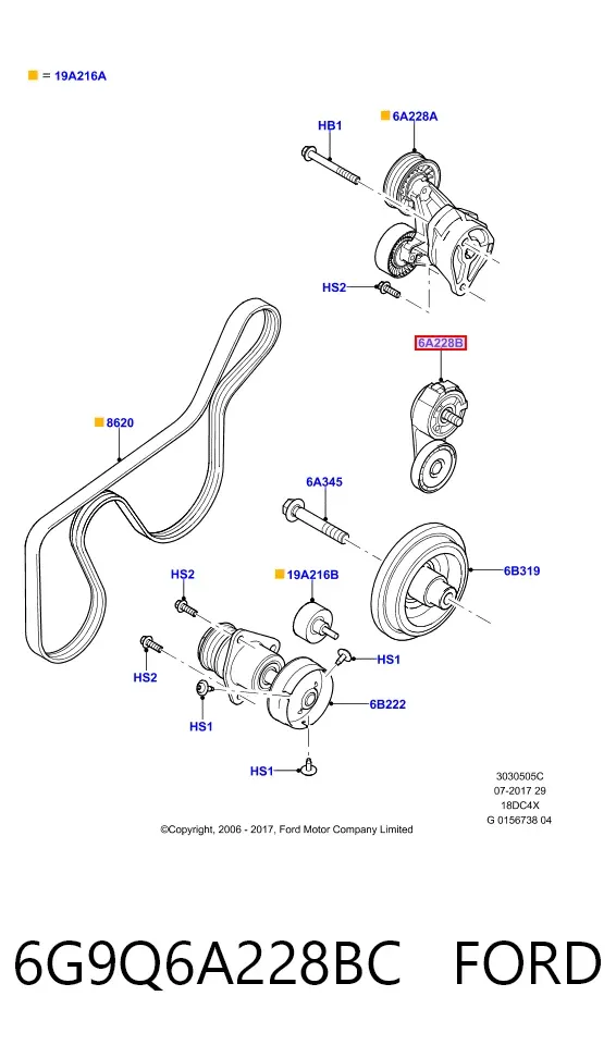Tensor de correa poli V 6G9Q6A228BC Ford