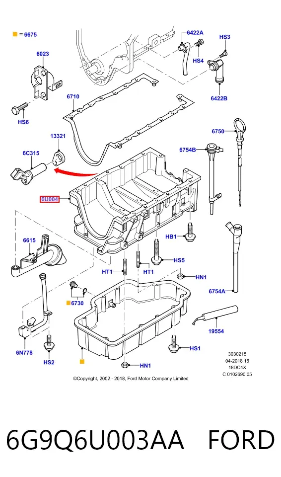 Cárter de aceite, parte superior 6G9Q6U003AA Ford