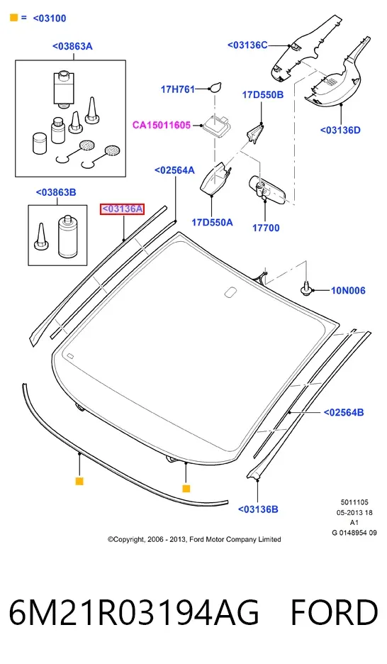 Moldura derecha del parabrisas 6M21R03194AG Ford