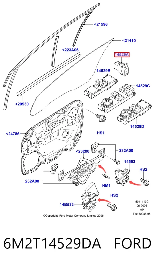 Botón de elevalunas delantero derecho 6M2T14529DA Ford