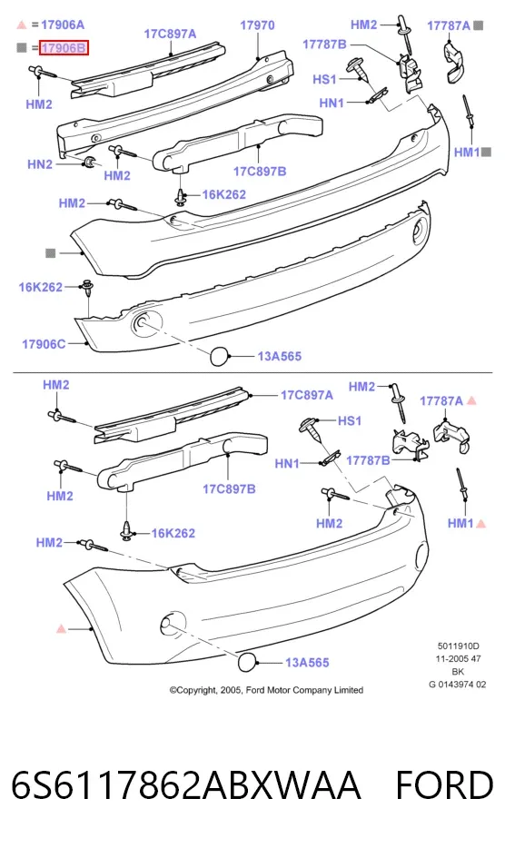 Parachoques trasero, parte superior 6S6117862ABXWAA Ford