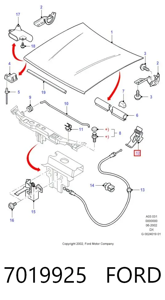 Palanca de apertura del capó 7019925 Ford