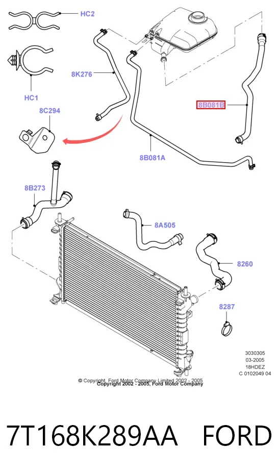 Manguera inferior del vaso de expansión 7T168K289AA Ford