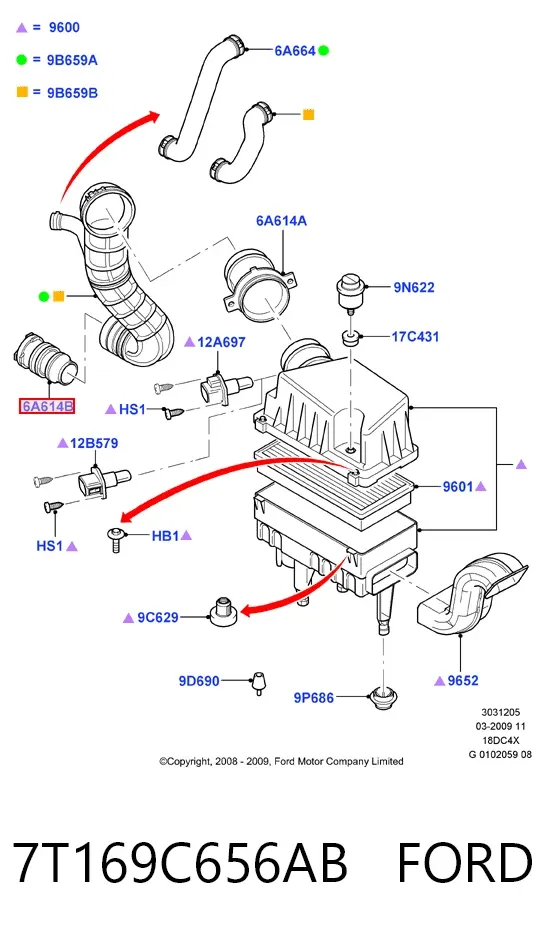 Tubo de admisión de aire al turbocompresor 7T169C656AB Ford