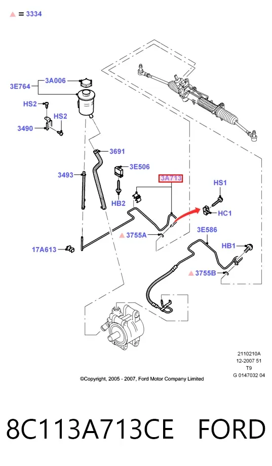 Manguera de baja presión de dirección asistida, de la cremallera al depósito 8C113A713CE Ford
