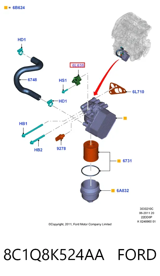Racor del radiador de aceite 8C1Q8K524AA Ford