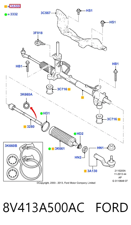 Cremallera de dirección 8V413A500AC Ford
