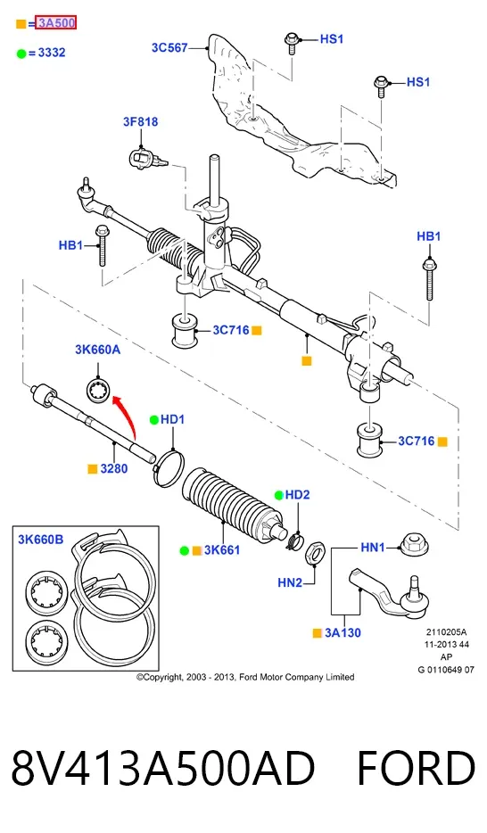 Cremallera de dirección 8V413A500AD Ford