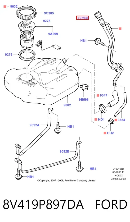 Carcasa del tubo de llenado del tanque de combustible 8V419P897DA Ford