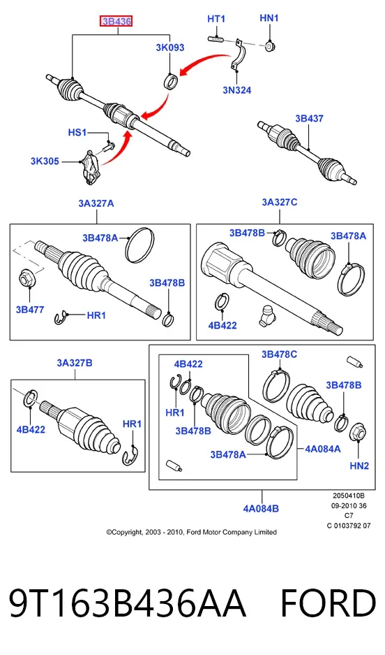 Semieje delantero derecho 9T163B436AA Ford
