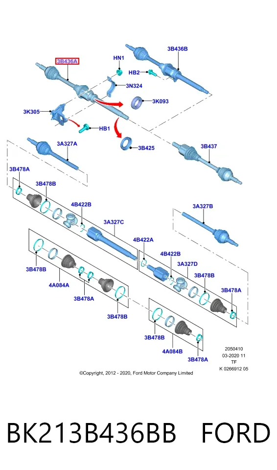 Semieje delantero derecho BK213B436BB Ford