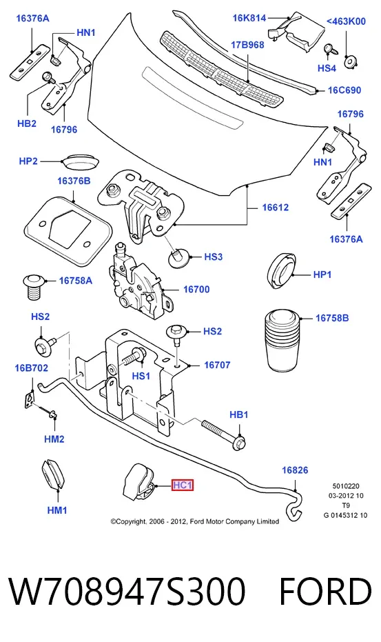 Fijador del soporte del capó W708947S300 Ford