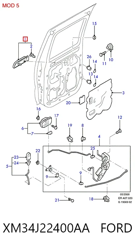 Manija exterior derecha de puerta delantera XM34J22400AA Ford