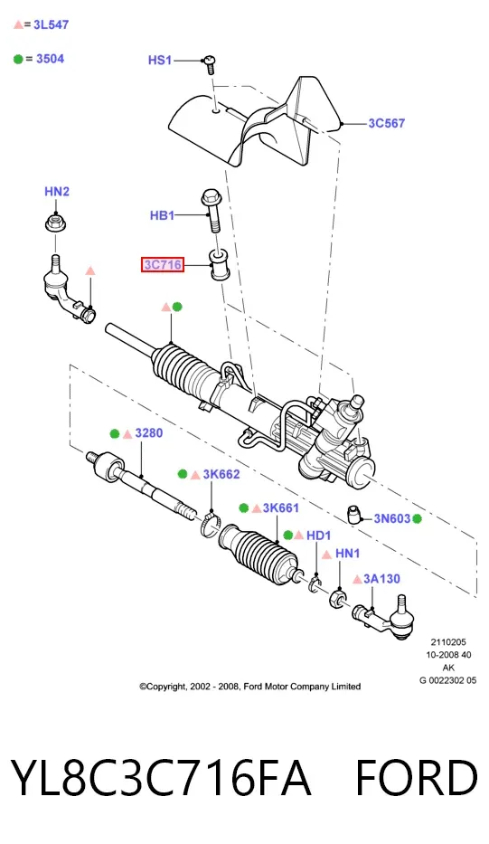 Silentblock de montaje de la cremallera de dirección YL8C3C716FA Ford