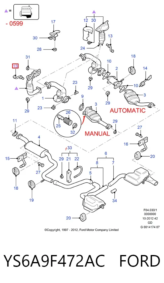 Sensor de oxígeno previo al catalizador YS6A9F472AC Ford