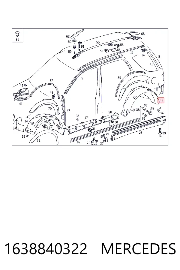 Guardabarros interior izquierdo trasero 1638840322 Mercedes