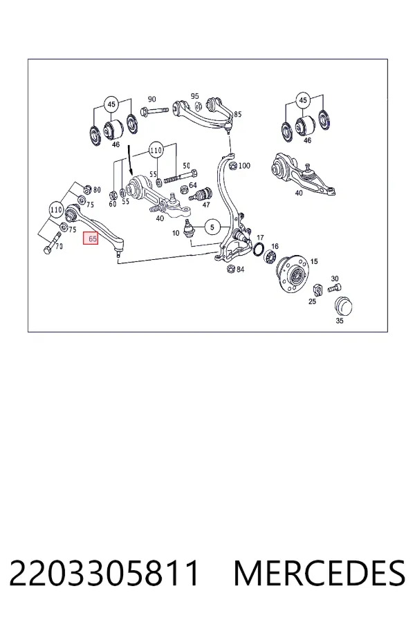 Brazo inferior derecho de la suspensión delantera 2203305811 Mercedes