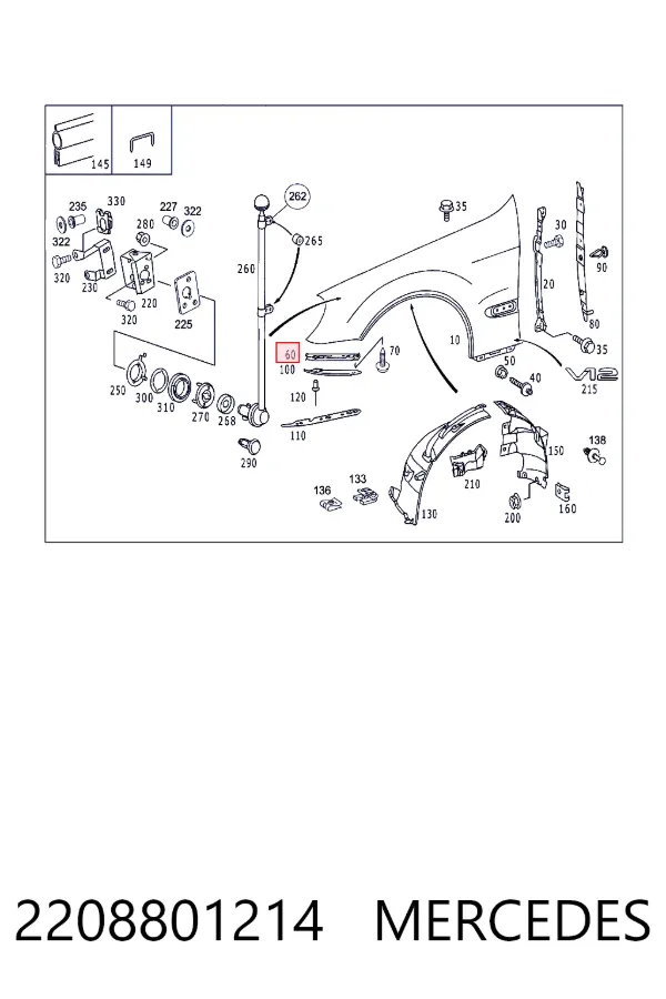 Soporte delantero de guardabarros delantero derecho 2208801214 Mercedes